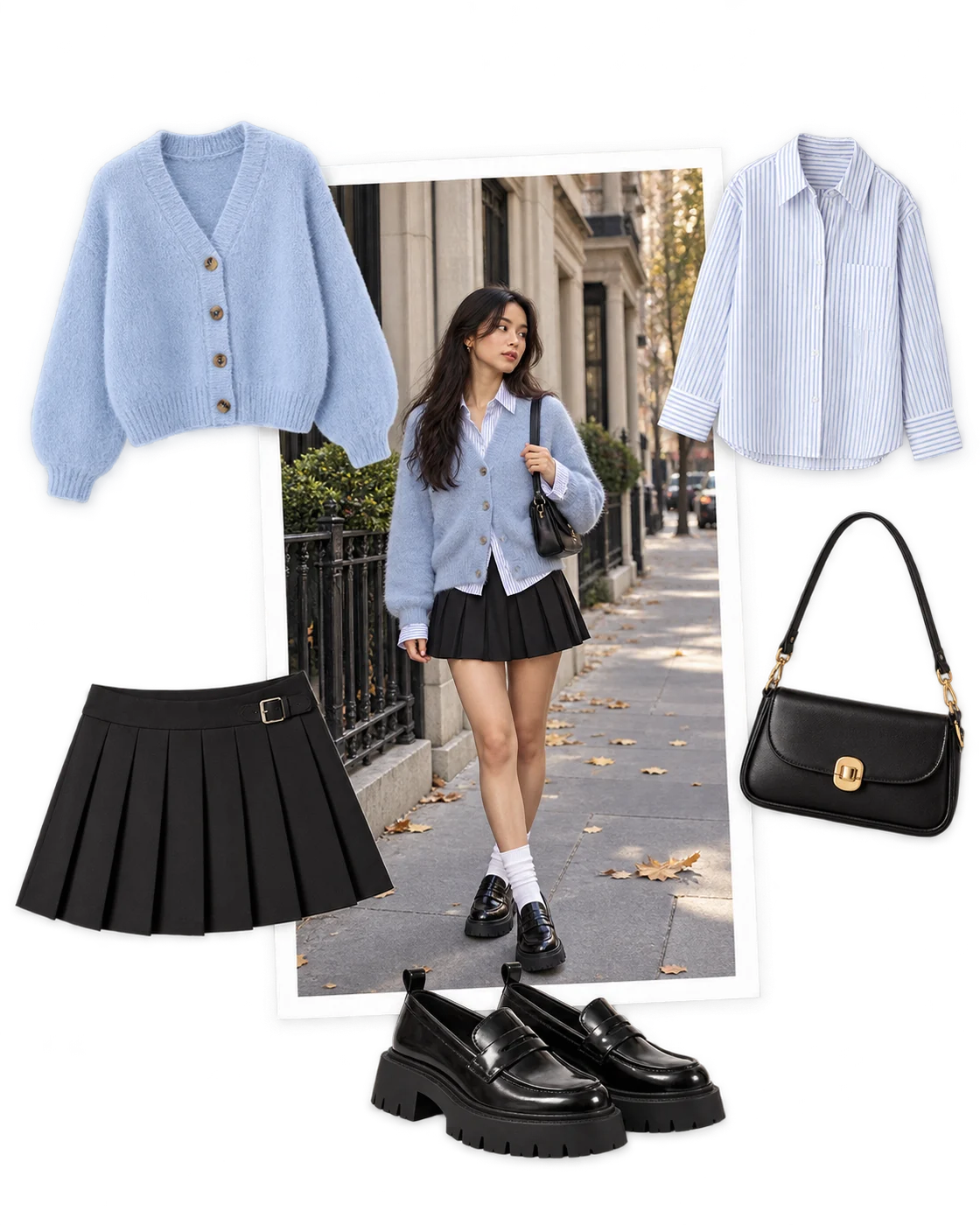 A complete outfit with its individual pieces around the model